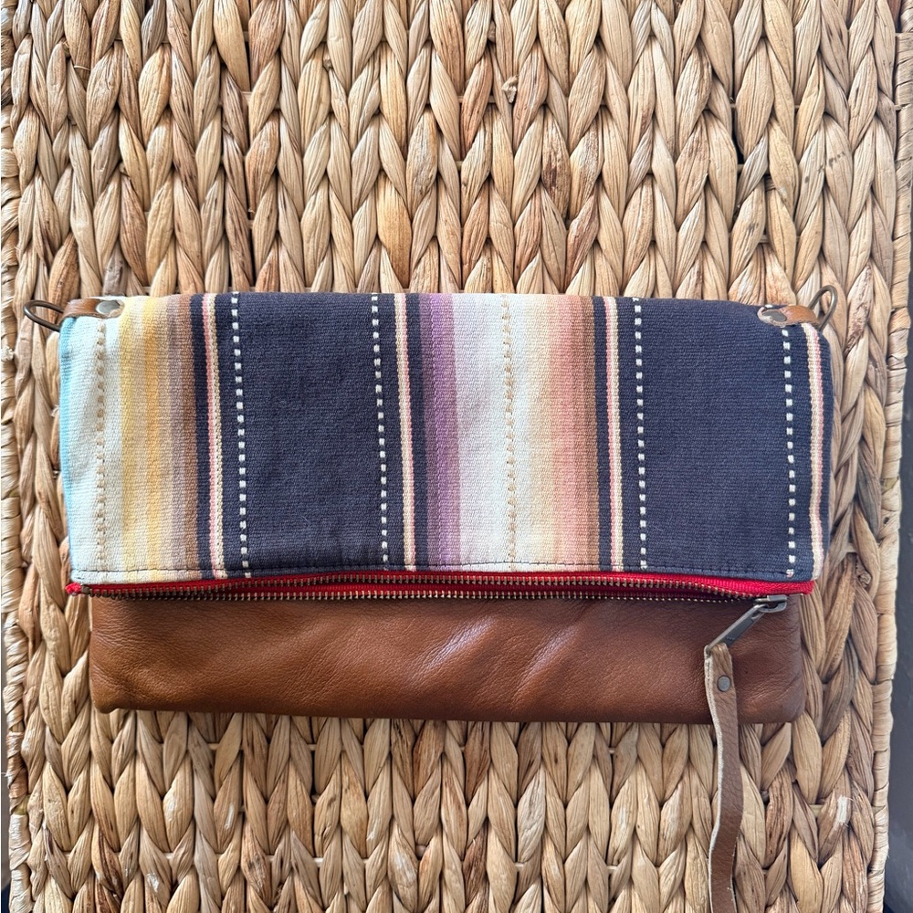 Striped hand woven fabric & Brown Leather Foldover Clutch - Multicolor